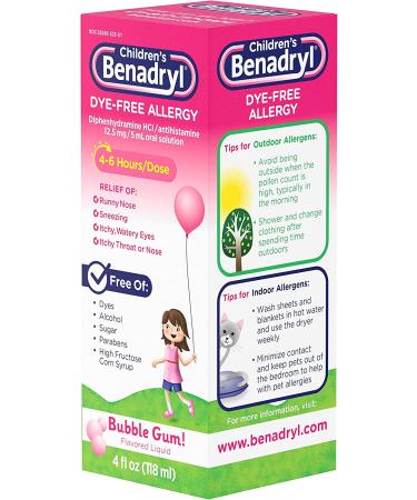 Children's Benadryl Dye-Free Allergy Liquid - Diphenhydramine HCl, Bubble Gum Flavor - 4 fl. oz - Pack of 1 - Buy Online on GoSupps.com