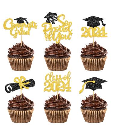 Aloreen 12CT Graduation Cupcake Toppers Class Of 2024 Cake Picks Glitter Graduation Theme Food Appetizer Picks Congrats Grad Cap Topper Toothpick Stick Graduation Party Decoration Supplies Gold