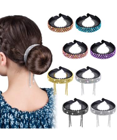 8 Pcs Bun Clip Large Rhinestone Bun Cover Tassel Claw Expanding Elegant Glitter Hair Accessories Bun Holder Rhinestone Hair Clip for Buns Twist Holder for Girls Women (Elegant Style)