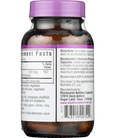 Bluebonnet Nutrition Chromium Picolinate 200mcg - 100 Veggie Capsules - Buy Online on GoSupps.com