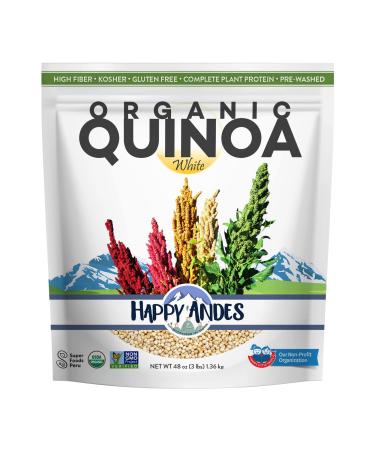 Happy Andes White Organic Quinoa 3 lbs - Non Gluten, Whole Grain - Ready to Cook - Healthy Meal with Vitamins & Protein 3 Pound (Pack of 1)