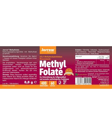 Jarrow Formulas Methyl Folate 400mcg - Vegan Capsules Gluten-Free Non-GMO Folic Acid Supplement - 60 Count - Buy Online on GoSupps.com