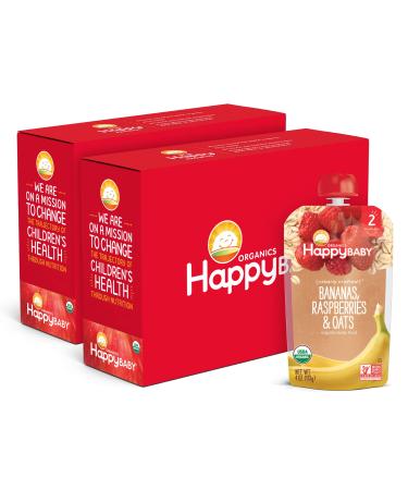 Happy Baby Organics Clearly Crafted Stage 2 Baby Food, Bananas, Raspberries & Oats, 4 Ounce (Pack of 16) Banana, Raspberry & Oat