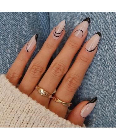 JUSTOTRY 24 Pcs Swirl Short False Nails Stiletto Black French Press on Nails Pattern Gradient Nude Fake Nails Short with Nail Glue Almond Stick on Nails for Women Nails Fake Nail Medium for Nails Art black& swirl2