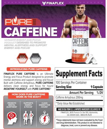 FINAFLEX Pure Caffeine - 100 Capsules for Energy & Focus | Mental Alertness Supplement for Men & Women | Caffeine Anhydrous - 100 Servings - Buy Online on GoSupps.com