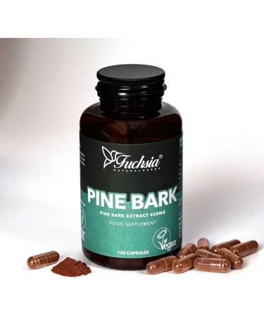 Fuchsia Natural Herbs Pine Bark Extract 400mg Capsules - 15:1 Extract Ratio - Vegan Society Approved - Gluten, Dairy, Soy & Sugar Free - Buy Online on GoSupps.com