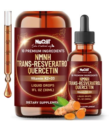 10in1 NMNH Liquid Drops w/NMNH 1000mg Vitamin D3-K2 Quercetin Suppement Trans-resveratrol and 5 More Herbals - Cellular Energy & Vitality Healthy Aging - 1 FL Oz - 2 Month Supply