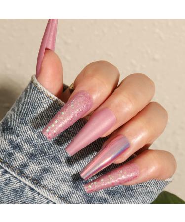 False Nails with Glue Stickers Black Snake Design Glossy Acrylic Long Fake Nails 24PCS White Press On nails Full cover Medium Stick On Nail for Women and Girls No Glue Included (Pink)