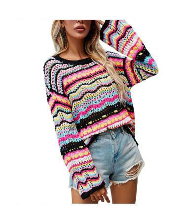 Women's Crochet Hollow Out Sweaters Elegant Bell Sleeve Mock Neck Knitwear Casual Vintage Knit Pullover Tops Shirts Black Medium