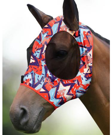 Harrison Howard Super Comfort Stretchy Fly Mask Large Eye Space with UV Protection Skin with Breatathability Orange Geo-Print (L) Large Orange