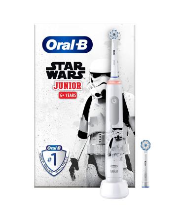 Oral-B Junior Star Wars Electric toothbrush/Electric Toothbrush for children from 6 years 2 plug-in brushes 360 and pressure control 2 cleaning modes including sensitive dental care soft bristles timers white Starwars