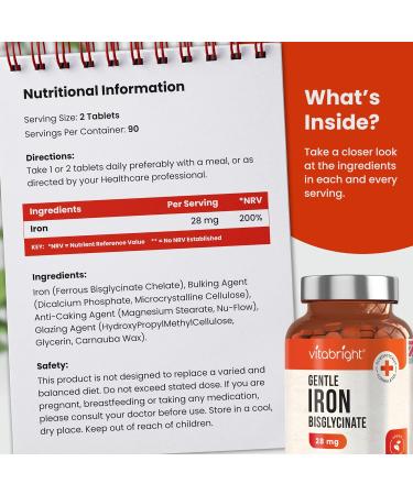 Gentle Iron Tablets 28mg - 180 Vegan Tablets | 3 Month Supply | Iron Bisglycinate Chelate for Men & Women | 200% NRV Iron Pills for Tiredness & Fatigue - Buy Online on GoSupps.com