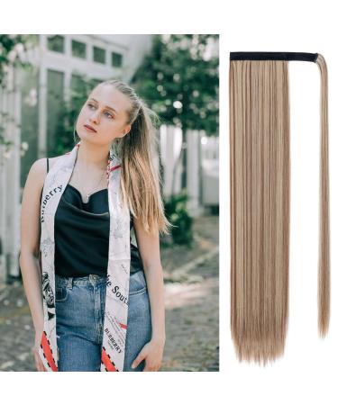 Silk-co Clip in Ponytail Wrap Around Hairpiece Straight Pony Tail Hair Clip on Extension 28 Long hair smooth Heat-Resisting Fiber Hairpiece for Women Light Brown&Blond II 28 Inch Light Brown&Blond