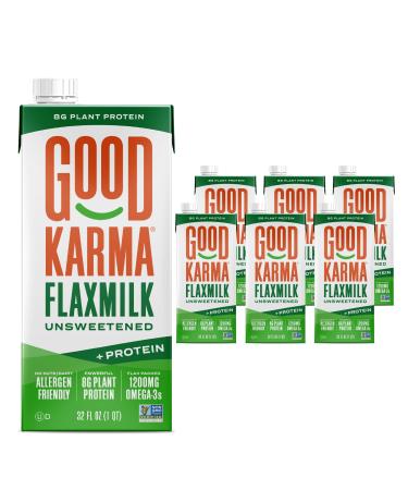 Good Karma Unsweetened Flaxmilk +Protein, 32 Ounce (Pack of 6), Plant-Based Non-Dairy Milk Alternative with 8g Plant Protein, Lactose Free, Vegan, Shelf Stable Flaxmilk + Protein- Unsweetened