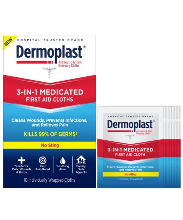 Dermoplast 3-in-1 Medicated First Aid Cloths  Analgesic & Antiseptic Wipes for Treating Minor Cuts  Scrapes and Burns on the Go  Sting Free Formula  10 Individually Wrapped Cloths 3-in-1 First Aid Cloths