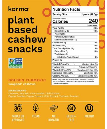 Karma Nuts Golden Turmeric Cashews with Skin - Whole Roasted, Vegan, Gluten Free, Low Net Carb, Natural Nut Snack - 1.5 Ounce (12 Pack) - Buy Online on GoSupps.com