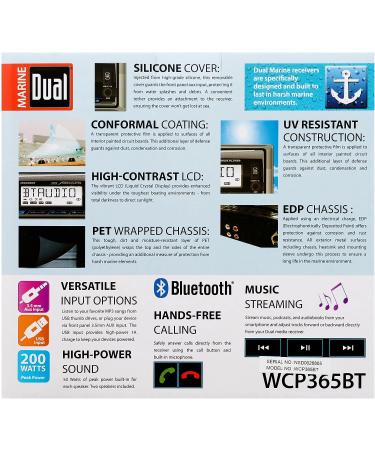 Dual Electronics WCP365BT Marine Single DIN Stereo Receiver with AM/FM Tuner  Built-in Bluetooth  USB Port  Two 6.5 inch Dual Cone Marine Speakers & Marine Antenna Combo - Buy Online on GoSupps.com
