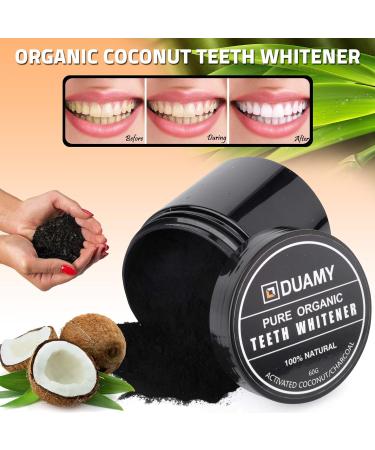 Duamy Activated Carbon Powder for Teeth Whitening - Natural Coconut Formula + 2 Toothbrushes with Activated Carbon Bristles (60g) - Buy Online on GoSupps.com
