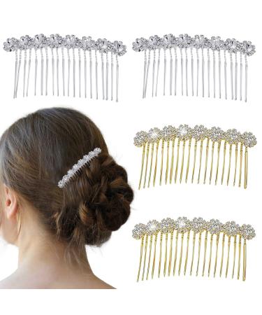 4PCS Rhinestone Hair Comb Slides Rhinestone Flower Hair Combs Slides for Women Bling Rhinestone Hair Combs Increase Your for Charm Wedding Bridal Jewelry Hair Clips for Women and Girls(Silver&Gold)