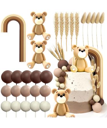 JeVenis 28 PCS Boho Rainbow Cake Topper Teddy Bear Cake Decorations Brown Boho Cake Topper Birthday Baby Shower Cake Topper Coffee