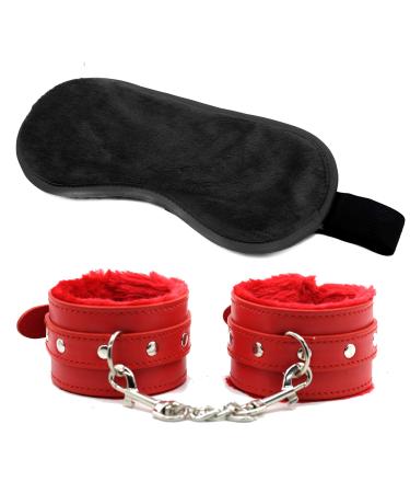 Velvet Cloth Sleeping Eye Mask and Adjustable Fur Leather Handcuffs (Red)