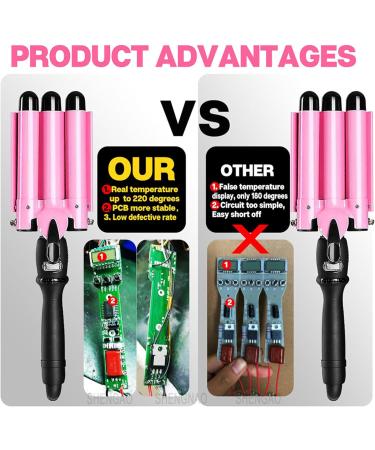 Nebula-X Three Barrel Curling Iron Wand - 1 Inch Ceramic Tourmaline Triple Barrels Dual Voltage Crimp (Pink) - Buy Online on GoSupps.com