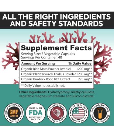 2625mg Irish Sea Moss Supplement 120 Capsules | SeaMoss Bladderwrack Burdock Root Capsules | Contain 92 Vitamins & Minerals For Immunity Gut Joint & Skin Health | Support Thyroid Energy & Digestion - Buy Online on GoSupps.com