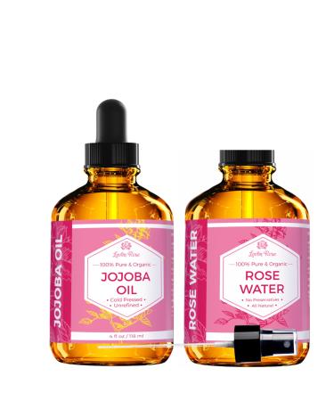 Jojoba Oil + Rose Water for Face Facial Toner Bundle by Leven Rose - Jojoba Moisturizer for Skin Hair Body and Nails 4 oz & Pure Moroccan Rosewater 4 oz