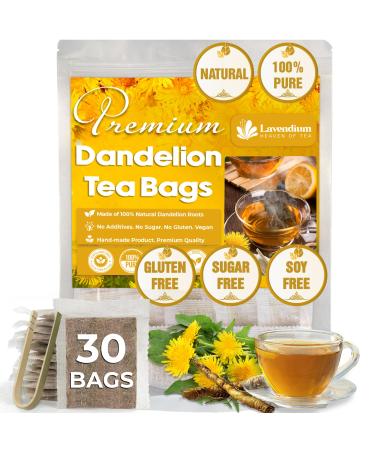 Lavendium Premium 30 Dandelion Root Tea Bags 100% Natural & Pure from Dandelion Root Eco-Conscious Tea Bags Dandelion Root Herbal Tea. No Sugar No Caffeine No Gluten Vegan.
