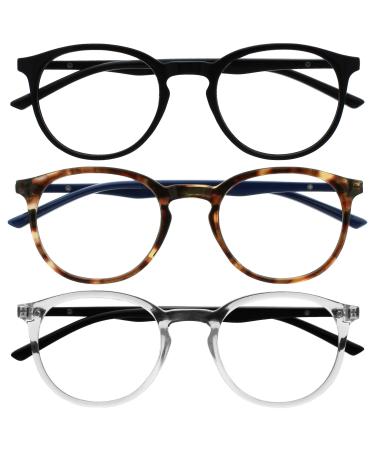 Opulize MET - Reading glasses Blue light filter 3 Pack slim round frame spring hinges improves sleep computer gaming reflective black brown transparent men bbb60-12c +3.00 +3.00 diopttria black / brown dark blue / clear black