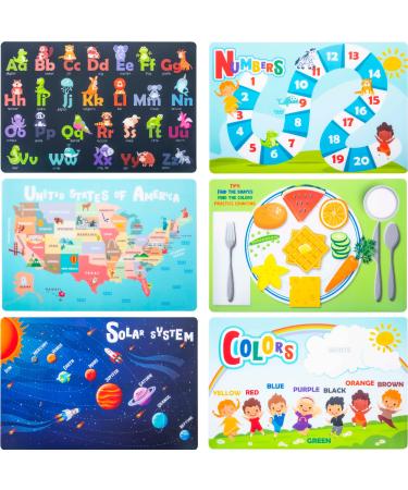 Hapinest 6 Pack Reusable Non Slip Educational Placemats for Toddlers and Kids