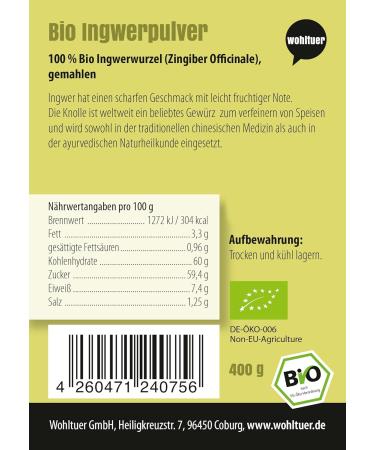 Organic Ginger Powder 400g - Gluten-Free Ground Ginger Root for Tea & Water | Wohltuer - Sourced from India - Buy Online on GoSupps.com