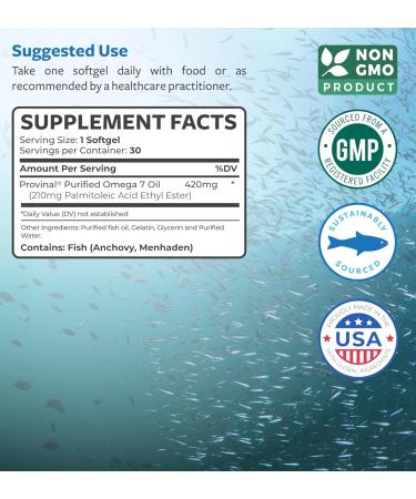 Omega 7 Supplement for Women and Men - High Potency & Purity Palmitoleic Acid Fatty Acid Fish Oil Supplement from Patented Provinal with Lowest Palmitic Acid - Sustainably Sourced (1 Month Supply) 30 Count (Pack of 1) - Buy Online on GoSupps.com
