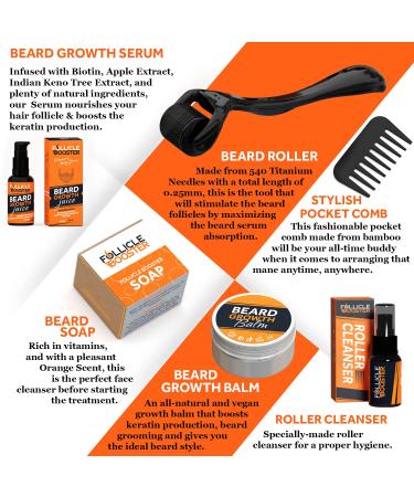 FOLLICLE BOOSTER Beard Growth Kit - 6 in 1 for Patchy Beards - Roller, Serum Oil, Balm, Wash Soap, Cleanser, Comb - 12 Weeks Solution - Buy Online on GoSupps.com