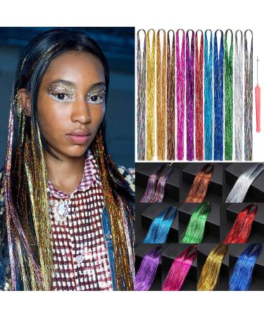 12 Colors Hair Tinsel Kit - 44 Inches Sparkling Fairy Hair Extensions with Tool - 2400+ Strands Glitter Shiny Hair Glitter - Buy Online on GoSupps.com
