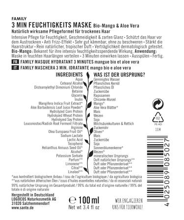 Sante Natural Cosmetics Bio-Mango & Aloe Vera 3 Min Moisture Mask - Intensive Vegan Hair Treatment for Stressed Hair | 100ml - Buy Online on GoSupps.com