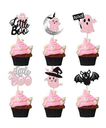 24 Pack Halloween Cupcake Toppers Bat Little Boo Ghost Cupcake Picks for Happy Halloween Theme Party Baby Shower Birthday Party Cake Decorations Supplies Pink Black