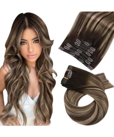 Moresoo clip in extensions real hair balayage remy hair extension real hair clip ombre double tress real hair extensions clip dark brown to brown with dark ashblond 7pcs/120g 55cm 55 cm #4/27/4