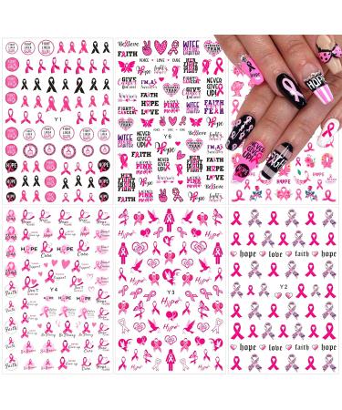 6 Sheets Breast Cancer Nail Art Stickers 3D Self-Adhesive Nail Decals Pink Ribbon Nail Stickers Heart Breast Cancer Awareness Nail Decoration for Women Girls DIY Manicure Tips Nail Charms