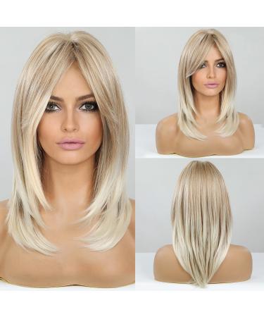 HAIRCUBE Long layered Blonde Wigs for Women Synthetic Hair Wig with Bangs Mixed Blonde