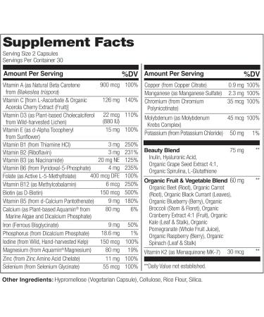 NATURELO Whole Food Multivitamin with Extra Hair Skin & Nails Support - Beauty Blend with Hyaluronic Acid & Grape Seed - High Potency Biotin Vitamin C & Glutathione 60 Vegan Capsules (Pack of 2) Unflavored 60 Count (Pac  - Buy Online on GoSupps.com