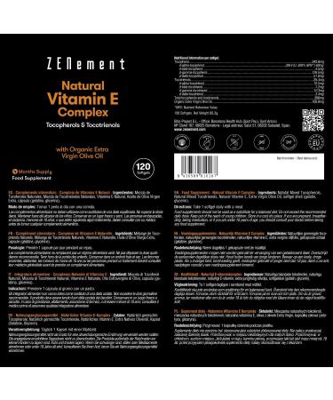 Natural Vitamin E Complex Softgels with Organic Olive Oil | Full Spectrum Antioxidant | 120 Softgels | Zenement - Buy Online on GoSupps.com