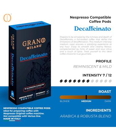 Grano Milano Decaffeinato 50 Coffee Pods - Nespresso Compatible Medium Roast Decaf Capsules from Italy - Intensity 7/12 - Buy Online on GoSupps.com
