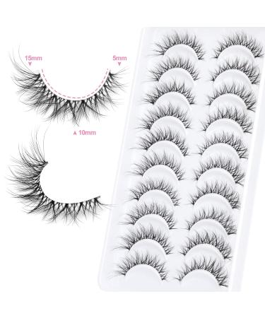 10 Pairs Natural Look Wispy Short Mink Lashes 15mm Cluster Fluffy Fox Eye Extensions - Cat Eye False Eyelashes Pack with Clear Band | Non Falling Apart - Buy Online on GoSupps.com