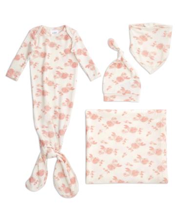 aden + anais Snuggle Knit Newborn Gift Set with Knotted Baby Gown Swaddle Blanket Infant Hat and Bandana Bib 0-3 Months Rosettes 0-3 Month Rosettes