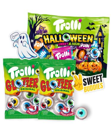 Trolli Glotzer & Halloween Sweet & Sour Pack 2x Yeux Glotzer + 1x Halloween Mix + Autocollant Fant me + Sticker Sweet Buddies Bonbons G lifi s Acidul s pour Soir e Party Cadeaux Enfants