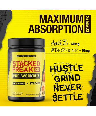PharmaFreak Stacked Freak 3D Pre-Workout Powder Limited Edition Mango Peach | Energy Focus & Pump Booster | Betaine Citrulline & Caffeine 14.1oz (400g) - Buy Online on GoSupps.com