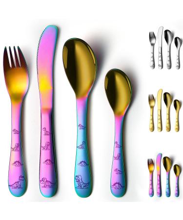 Evanda Rainbow Toddler Utensils Rainbow Titanium Coated 4 Pieces Stainless Steel Toddler Silverware Set Kids Utensils Forks and Spoons Mirror Polished Smooth Round Tableware and Dishwasher Safe 3.rainbow