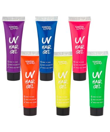 UV Neon Hair Gel Set - 6 Bright Non-Toxic Colors with Black Light Glow for Raves  Parties  Clubs  Halloween Costume - Non-Toxic Temporary Wash Out Color - by Splashes and Spills