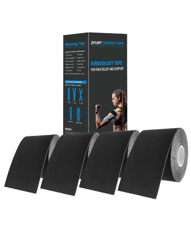 Breathable Cotton Kinesiology Tape | Hypoallergenic Latex Free Elastic Sports Tape | Excellent Support for Body Pain Relief and Prevent Sport Injury | 4 Uncut 16ft Rolls (Black)